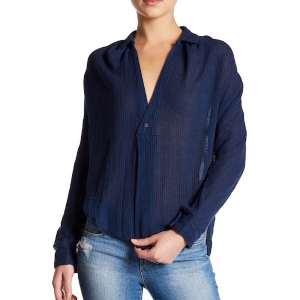 NEW Free People Such Good Things Top Size XS Navy Blue Split Neck Popover Gauze